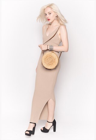 SLEEVELESS RIBBED KNIT BODYCON DRESS WITH SIDE SPLIT BEIGE