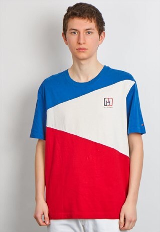 VINTAGE 90'S TOMMY HILFIGER LOGO RED, WHITE AND BLUE TSHIRT
