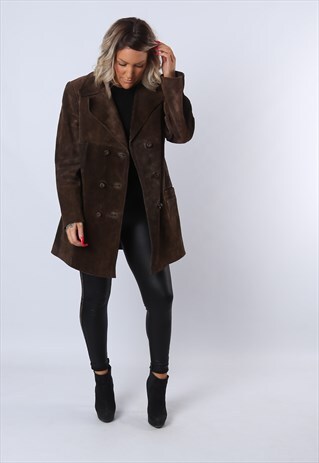 SUEDE LEATHER JACKET LONG 70'S VINTAGE UK 16 (CXJ)