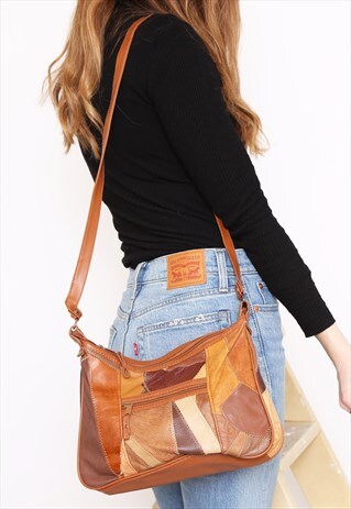 VINTAGE 90S BROWN LEATHER PATCHWORK SHOULDER BAG