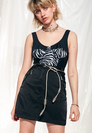 VINTAGE SKIRT 90S GRUNGE BLACK HIGH WAIST MINI W CABLE BELT