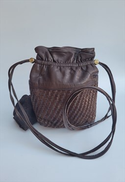 Vintage Brown Leather Woven Shoulder Bucket Drawstring Bag