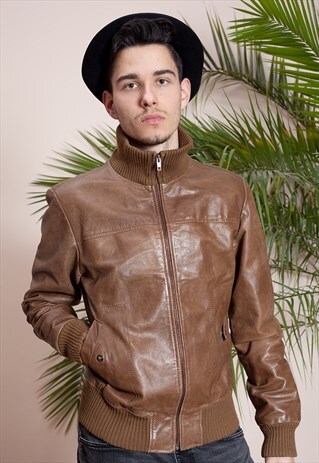 VINTAGE SOFT LEATHER BROWN JACKET WITH A ZIPPER, TURTLENECK
