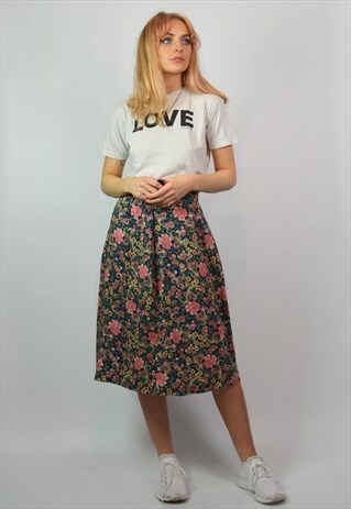 VINTAGE 90S HIGH WAISTED NAVY & PINK FLORAL MIDI SKIRT