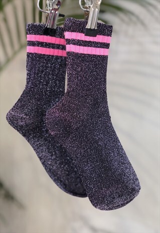 PURPLE METALLIC NEON PINK VARSITY STRIPE SOCKS