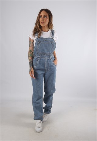 VINTAGE DENIM DUNGAREES WIDE TAPERED LEG UK S 10 (K93J)
