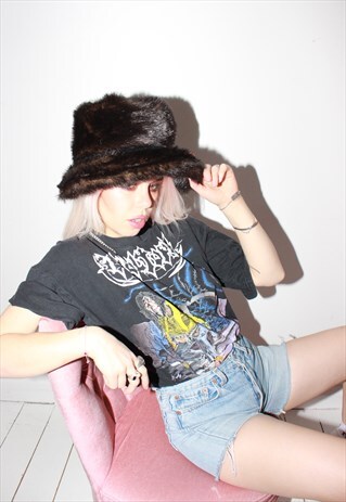 VINTAGE 90S GLOSSY BROWN FAUX FUR BUCKET HAT