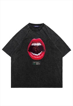 Red lips t-shirt mouth print top vintage wash retro rave tee
