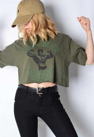 REWORKED VINTAGE 90S KHAKI VENICE BEACH CROPPED T-SHIRT