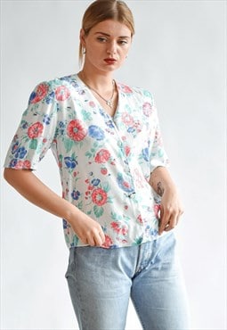 Vintage 80s Paris Chic Short Sleeve Floral Shirt