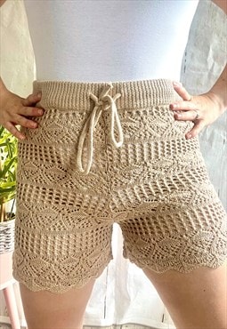 Vintage Boho Cream Crochet Tie Up Y2K Summer Shorts
