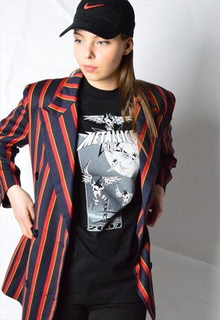 VINTAGE 80S RED NAVY BLUE STRIPED WOOL BLAZER