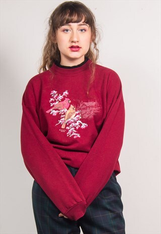 VINTAGE 90'S BURGUNDY BIRD PRINT OVERSIZED CUTE SWEATSHIRT