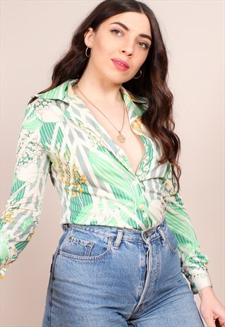 VINTAGE 70S ABSTRACT FLORAL PRINT BLOUSE