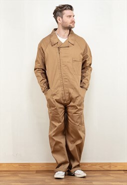 Vintage 80s Men Worker Overalls in Beige