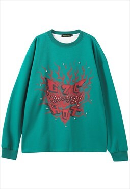 Flame sweatshirt blurred jumper embellished top in green