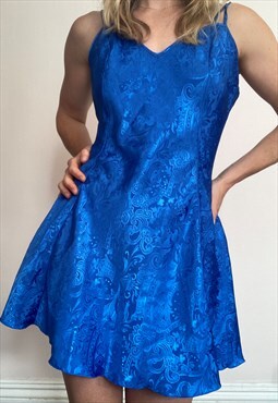 Bold Blue silky Satin Lace Slip Mini Dress Lingerie Summer