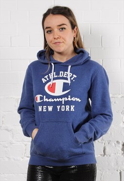 Vintage Champion Hoodie in Blue with Spell Out Logo Small