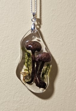 Dried mushrooms resin necklace with 925 silver chain