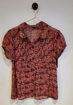 Retro Y2K Floral Ditsy Print Sheer Rose Blouse Size 10-12