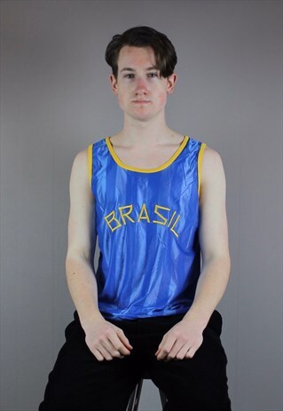 VINTAGE BRAZIL SPORTS VEST IN BLUE WITH EMBROIDERED LOGO.