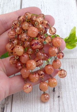 VINTAGE BEADED WATERFALL CASCADE BROOCH - CORAL PINK BEADS