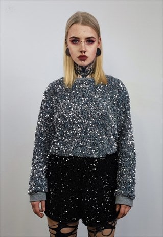 SILVER SEQUIN SWEATSHIRT GLITTER TOP SPARKLE JUMPER PARTY