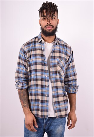 MENS VINTAGE FLANNEL SHIRT MEDIUM BLUE CHECK 90'S
