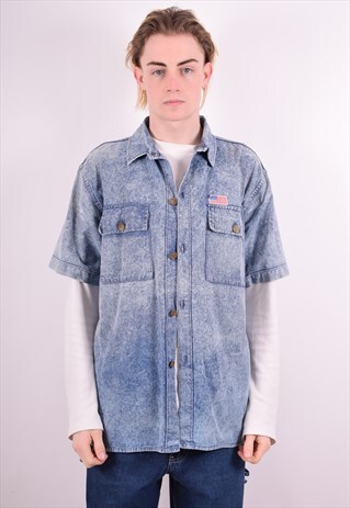 MENS VINTAGE DENIM SHIRT LARGE BLUE 90S