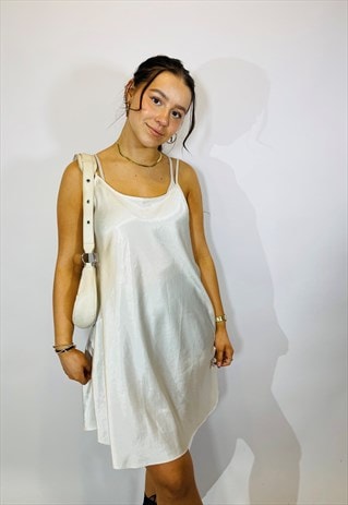 Vintage Size L Satin Mini Slip Dress in White
