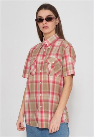 VINTAGE BROWN PINK EAST WEST TARTAN SHORT SLEEVE SHIRT