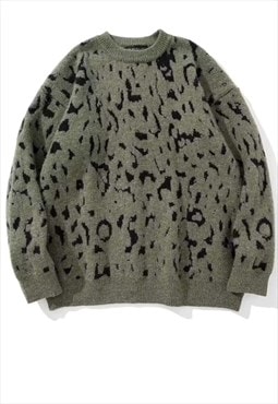 Leopard sweater knitwear animal jumper in khaki green