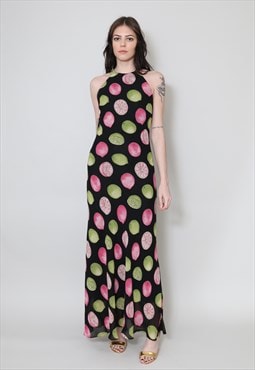 Geary Roark Kamisato Vintage Black Fruit Bias Cut Maxi Dress