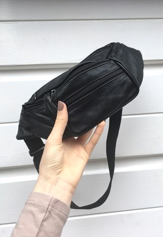 UNISEX VINTAGE BLACK LEATHER FESTIVAL BOHO BUMBAG HAND BAG