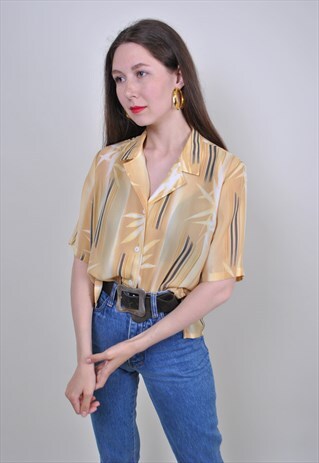 70S HAWAII SHIRT, VINTAGE YELLOW NATURE STRIPED BLOUSE