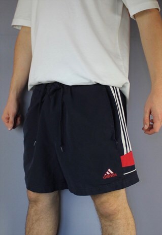 VINTAGE ADIDAS SHORTS IN NAVY WITH POCKETS, EMBROIDERED LOGO