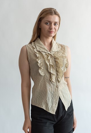 VINTAGE 70S BOHO RUFFLE FRONT BLOUSE IN CHECKERED PATTERN