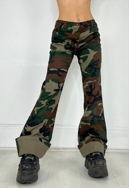 Vintage 90s Trousers Camo Flares Khaki Grunge Streetwear Y2K