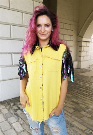 YELLOW DENIM VEST WITH SHORT SEQUIN SLEEVES