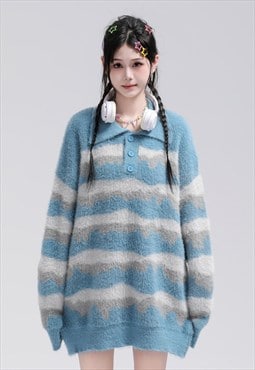Striped polo sweater knitted fluffy jumper preppy top blue