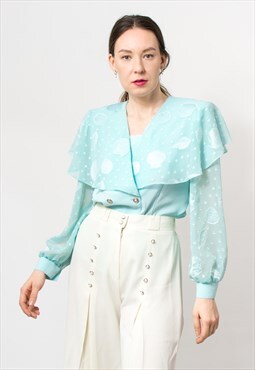 Vintage 80's cape collar blouse turquoise dramatic shoulder