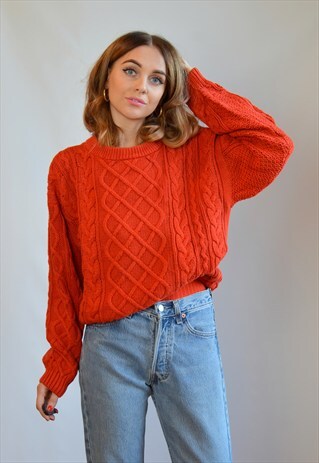 VINTAGE RED CABLE KNITTED OVERSIZED JUMPER