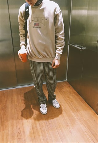 VINTAGE 80S UNISEX BLACK BEIGE CHECK WOOL PANTS
