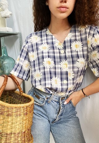 VINTAGE 80S GINGHAM CHECK DAISY PRINT BOHEME BLOUSE TOP