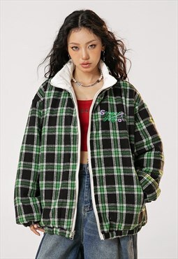 Reversible bomber two sided checked jacket winter coat green