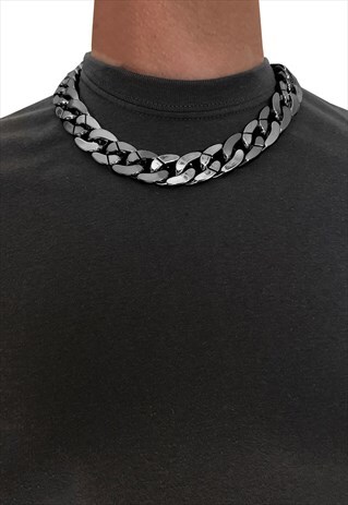 30MM 15" CHOKER CHUNKY CURB NECKLACE CHAIN - DARK SILVER