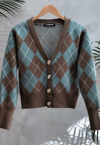 BROWN AND BLUE INTARSIA ARGYLE PRINT CARDIGAN