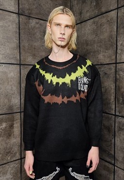Sound wave sweater knitted retro raver print jumper in black