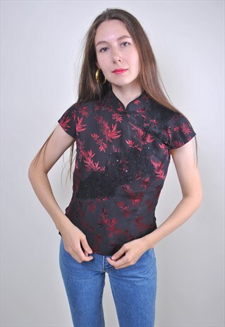 90S BLACK LACE FLORAL ORIENTAL BLOUSE