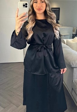 Satin Top And Maxi Skirt Co Ord (Black)